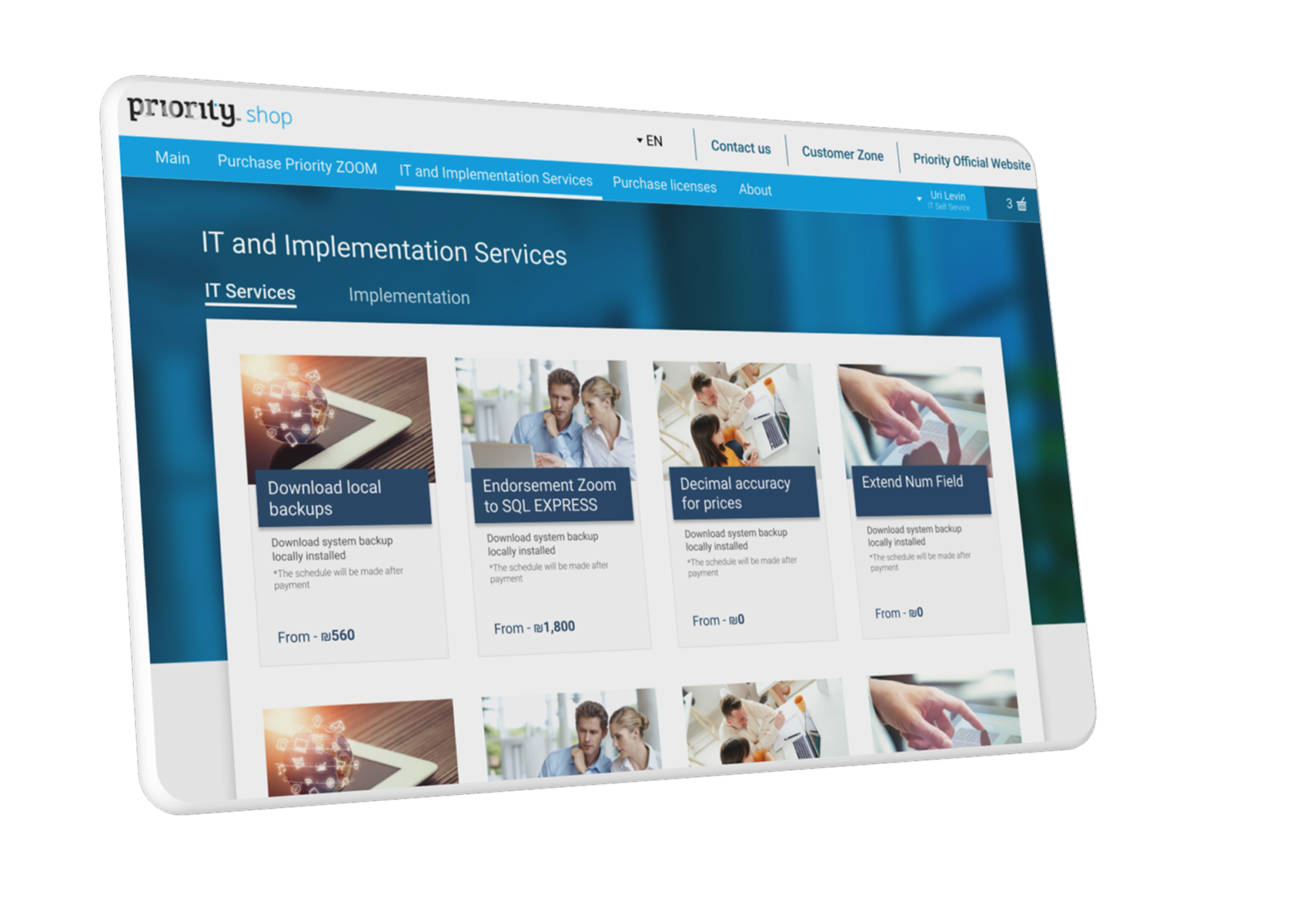 Priority Shop IT and implementation services catalogue on a tablet