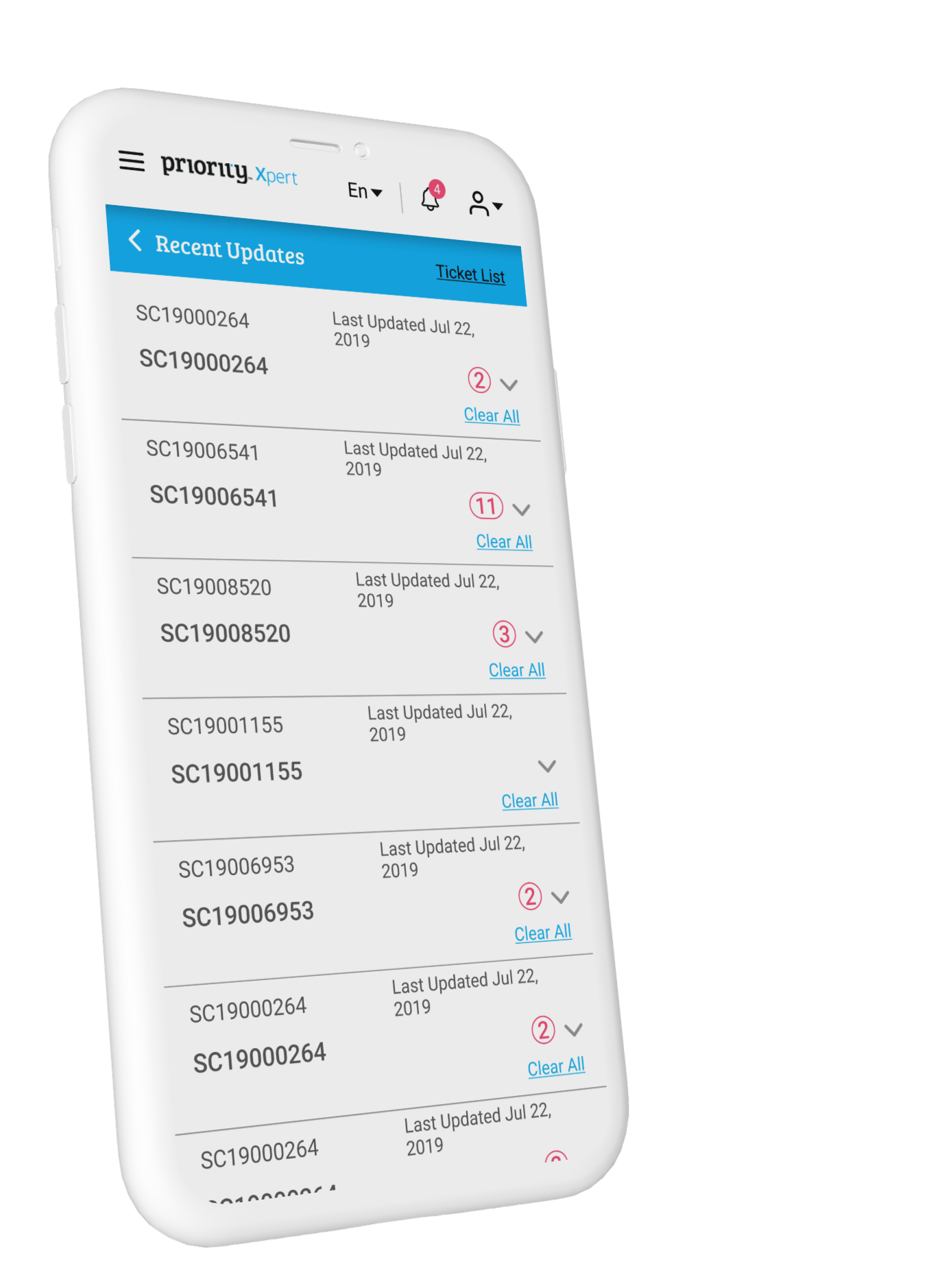 Priority Xpert mobile app showing recent service ticket updates