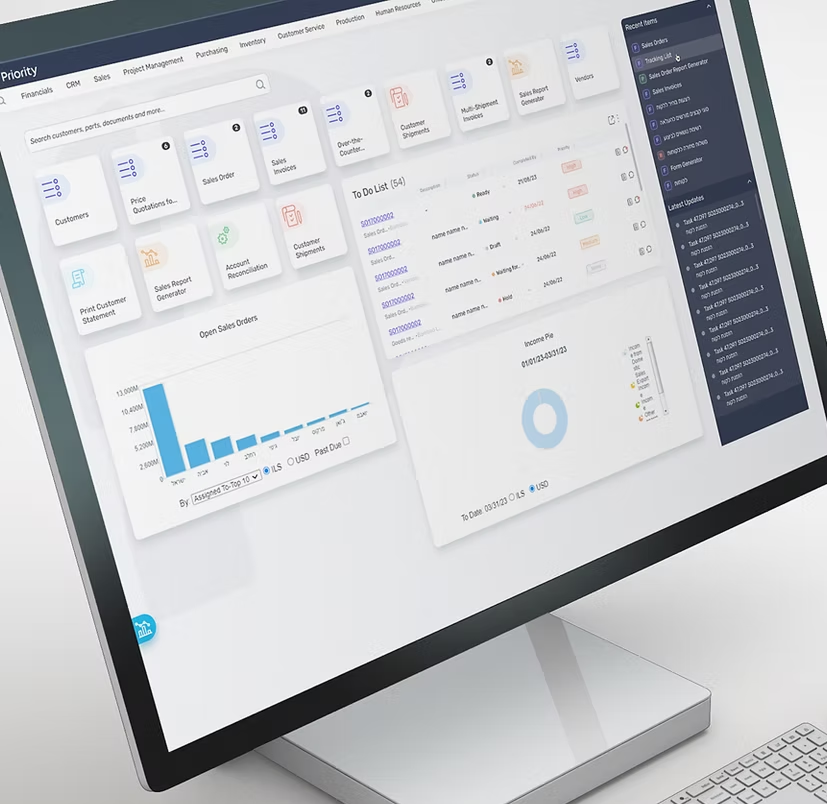 Priority ERP workspace on a desktop monitor with sales orders, tasks and dashboards